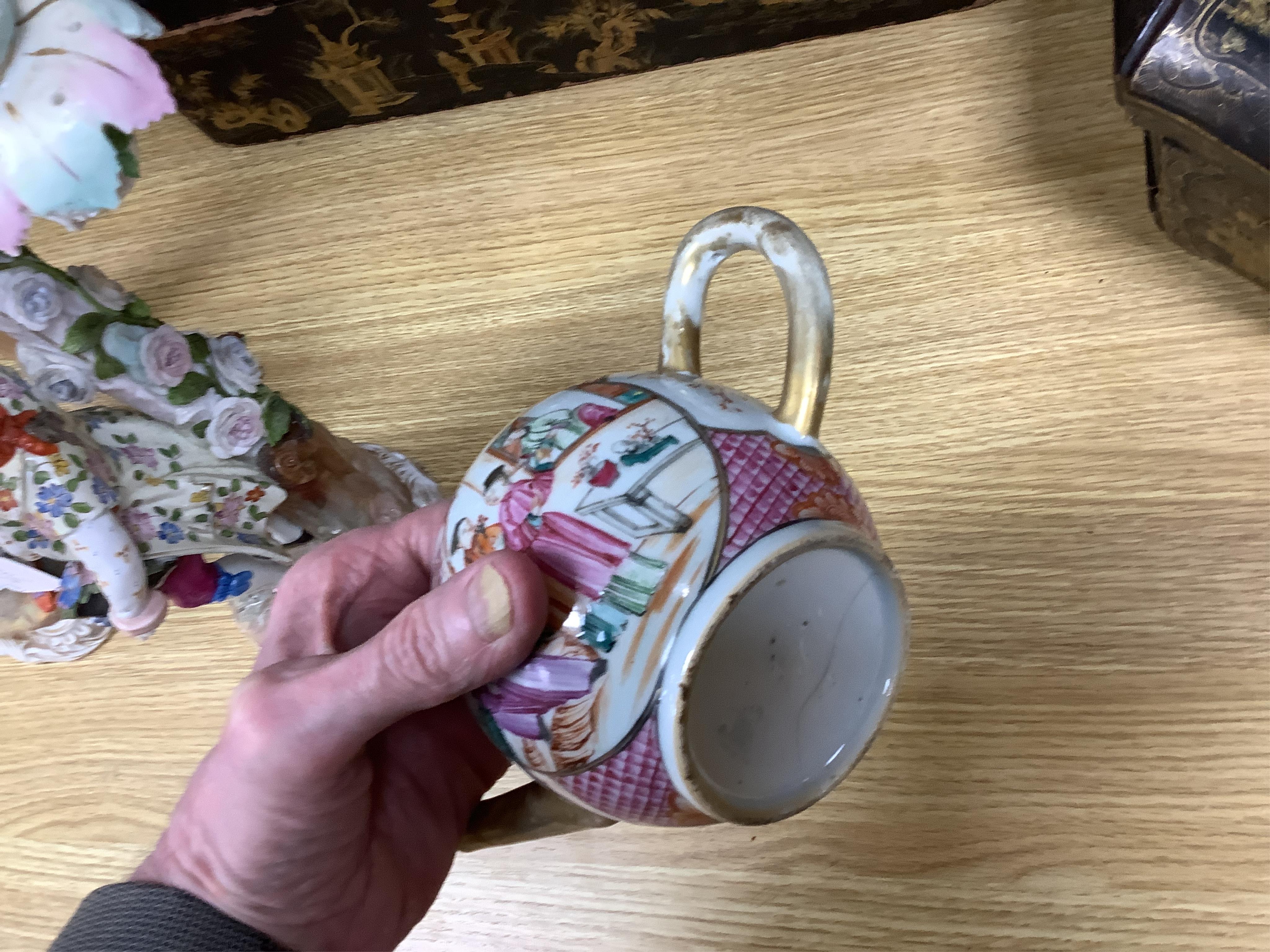 A group of 18th century Chinese export porcelain tea and coffee ware, including Mandarin pattern teapot and cover, two coffee cups and saucers, a blue and white teapot and cover various famille rose coffee cups, etc.